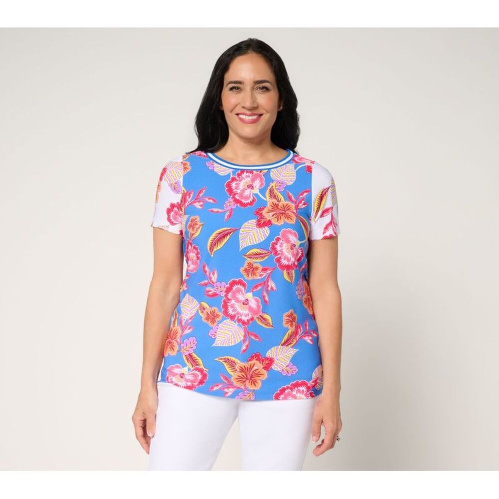 Susan Graver Women's Top Sz XL Printed Liquid Knit Short Multi-colored A690936